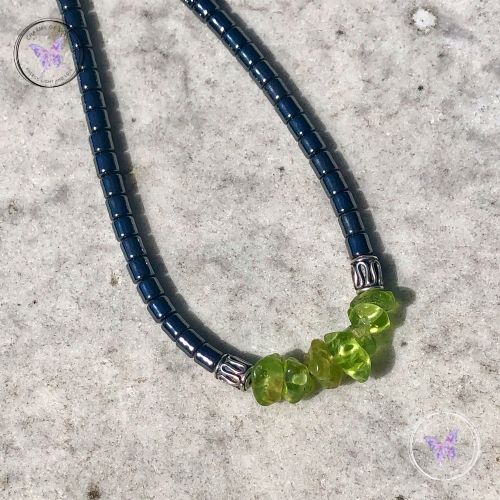 Hematite Necklace With Peridot Chips